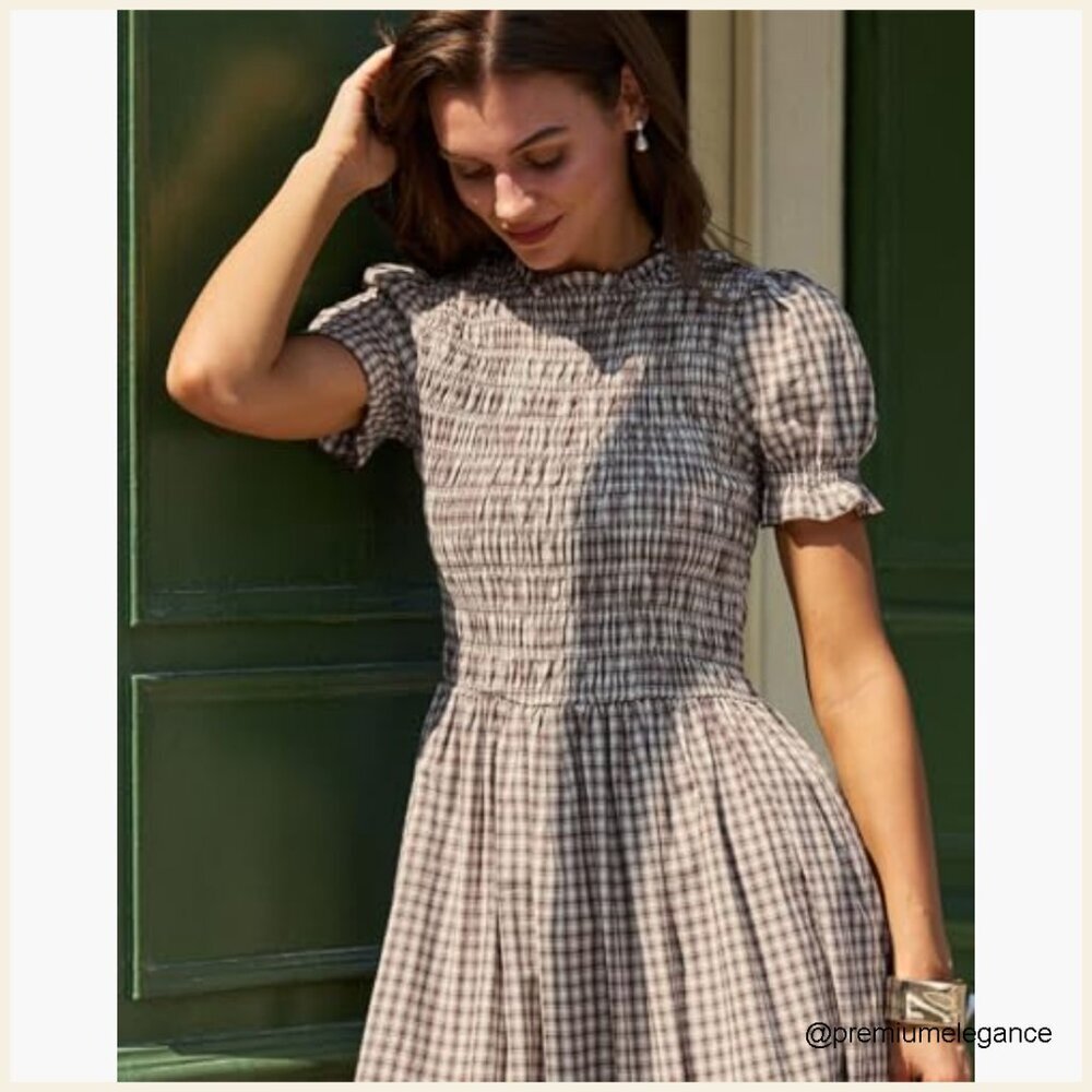 Women's Cotton Smocked Midi Dress with Puff Sleeves, Flowy A-Line - Picture 5 of 7